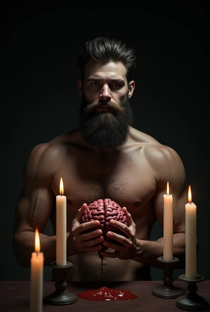 art handsome naked man with beard eats brain , black background with candles