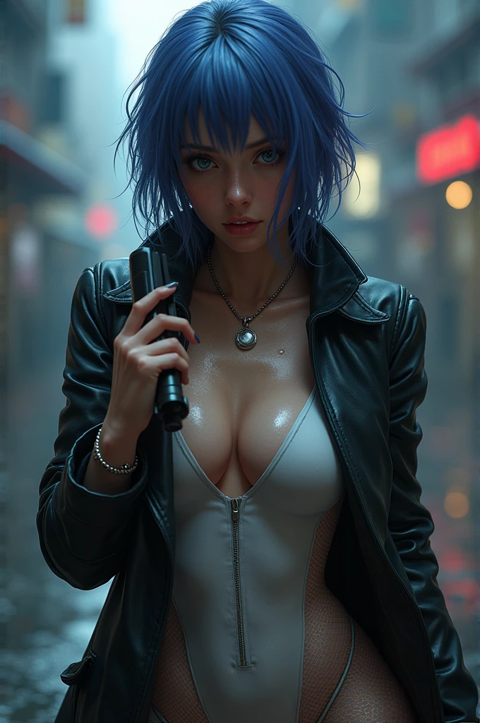 30 yo,realistic hardboiled woman ,blue-purple hair,Scarlett Johansson in Ghost in the Shell,Public Security,(1 girl),realistic ghost in the shell with guns,Wearing a white Fishnet tights and long trench leather coat,(beautiful eyes:1.2),(beautiful face:1.3),(detailed face:1.3),(smile),(muscular:1.1),(sensual:1.3),(thick thighs:1.2),(Body moistened with sweat),(background is black:1.5),(blur background:1.2),(master piece,highest quality,ultra high resolution,Super detailed,8K),wallpaper,The background is Cyberpunk City