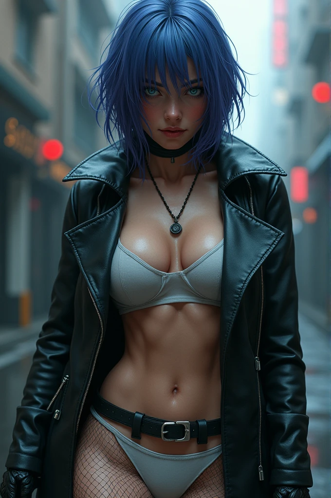 30 yo,realistic hardboiled woman ,blue-purple hair,Scarlett Johansson in Ghost in the Shell,Public Security,(1 girl),realistic ghost in the shell with guns,Wearing a white Fishnet tights and long trench leather coat,(beautiful eyes:1.2),(beautiful face:1.3),(detailed face:1.3),(smile),(muscular:1.1),(sensual:1.3),(thick thighs:1.2),(Body moistened with sweat),(background is black:1.5),(blur background:1.2),(master piece,highest quality,ultra high resolution,Super detailed,8K),wallpaper,The background is Cyberpunk City