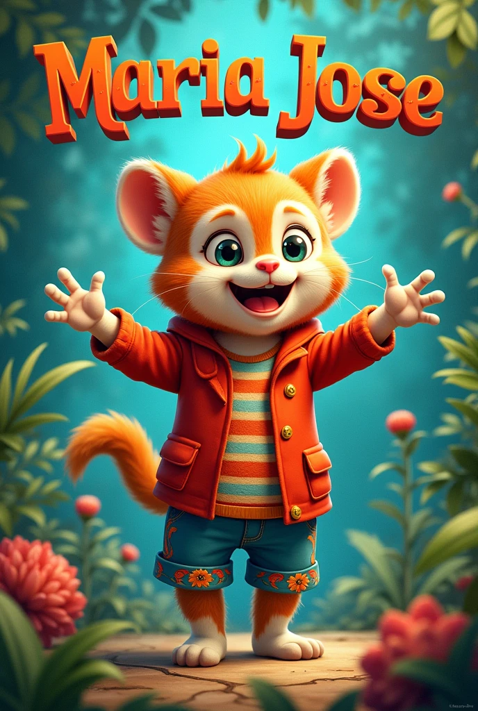 Create a flipbook cover Add Maria Jose's name to the cover ( that title name appears above) at the top center of title.
adding a domestic or jungle animal that is animated with clothes but is not fictional and is colorful.