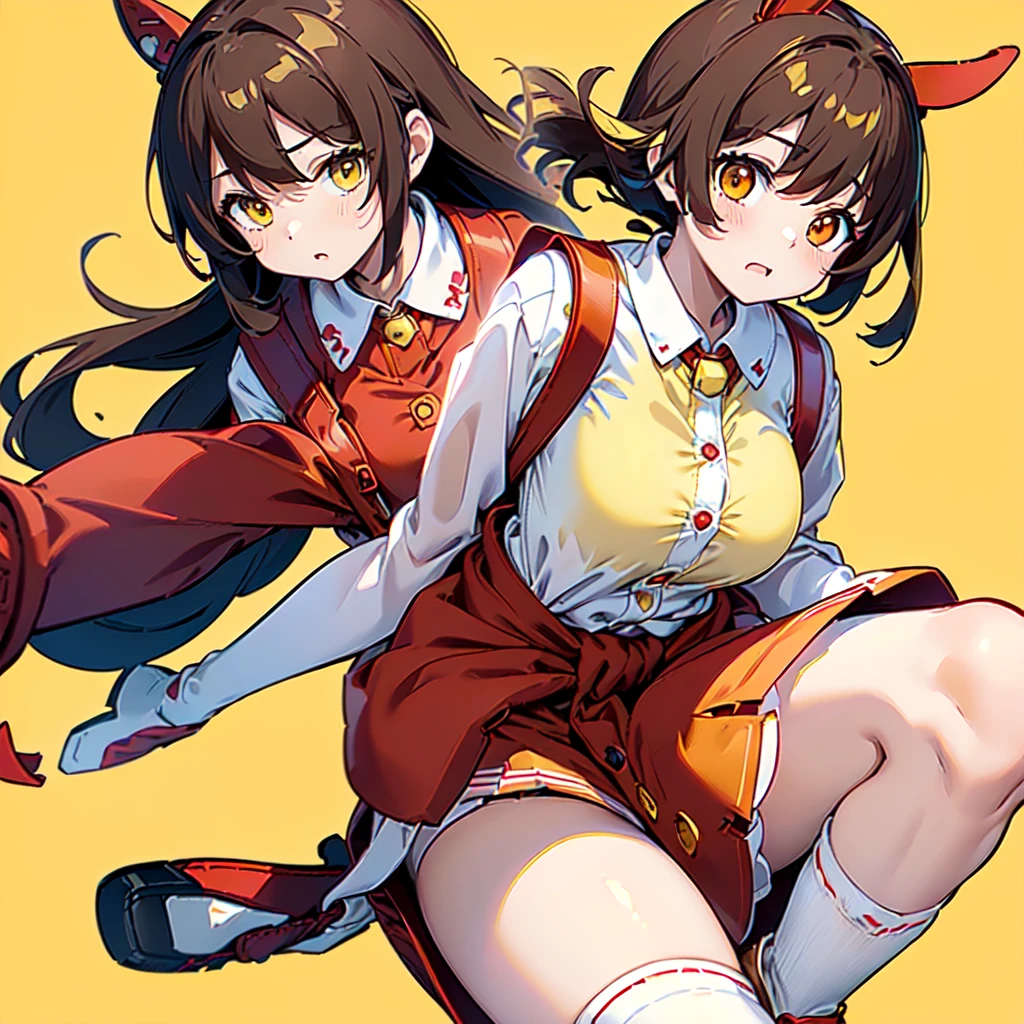 1girl,(((Perfect Anatomy、Highest quality、Masterpiece、Official Art、Super detailed、Dynamic structure、Anime Style)))、Elementary school students、((((Red dress with large yellow buttons around the waist、White Y-shirt、Red on the neck🎀、White knee-high socks、Brown Loafers、Carrying a red backpack:1.8)))、A soprano recorder is visible from the school bag.、Being buffeted by strong winds、Image from above、Strong wind blowing from the viewer's side、Strong wind blowing from the direction of travel, hair blowing back、(Yellow simple background:1.4)、Black Hair、storm、