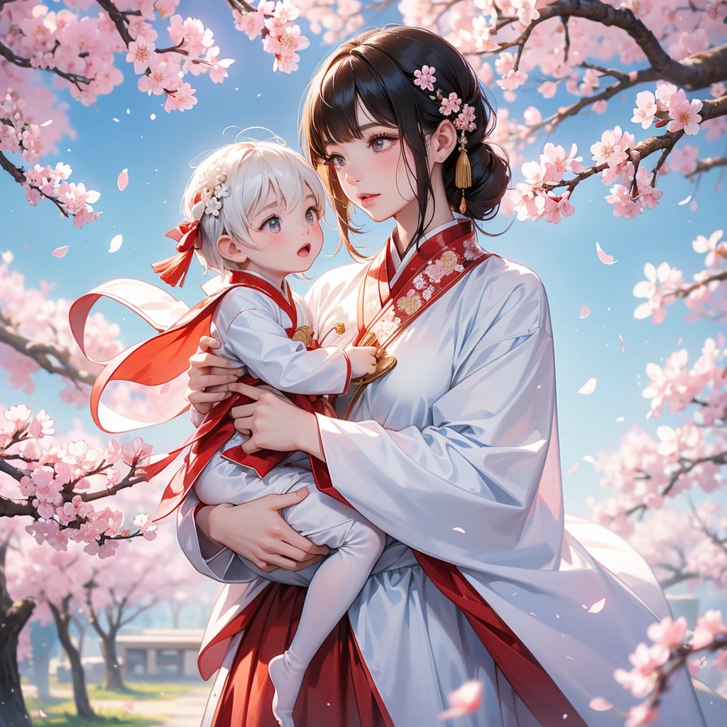 A -yead bab an white ancient Chinese baby costume wiis beautiful mother, dressed in an ancient Chinese costume, Stroll among the in the middle of cherry blossoms in full bloom, in the middle of cherry blossoms in full bloom, cherry blossoms falling, blowing to the ground, cherry blossoms scattered all over the ground, playing with each other, with his handsome father standing next to his mother, close up.