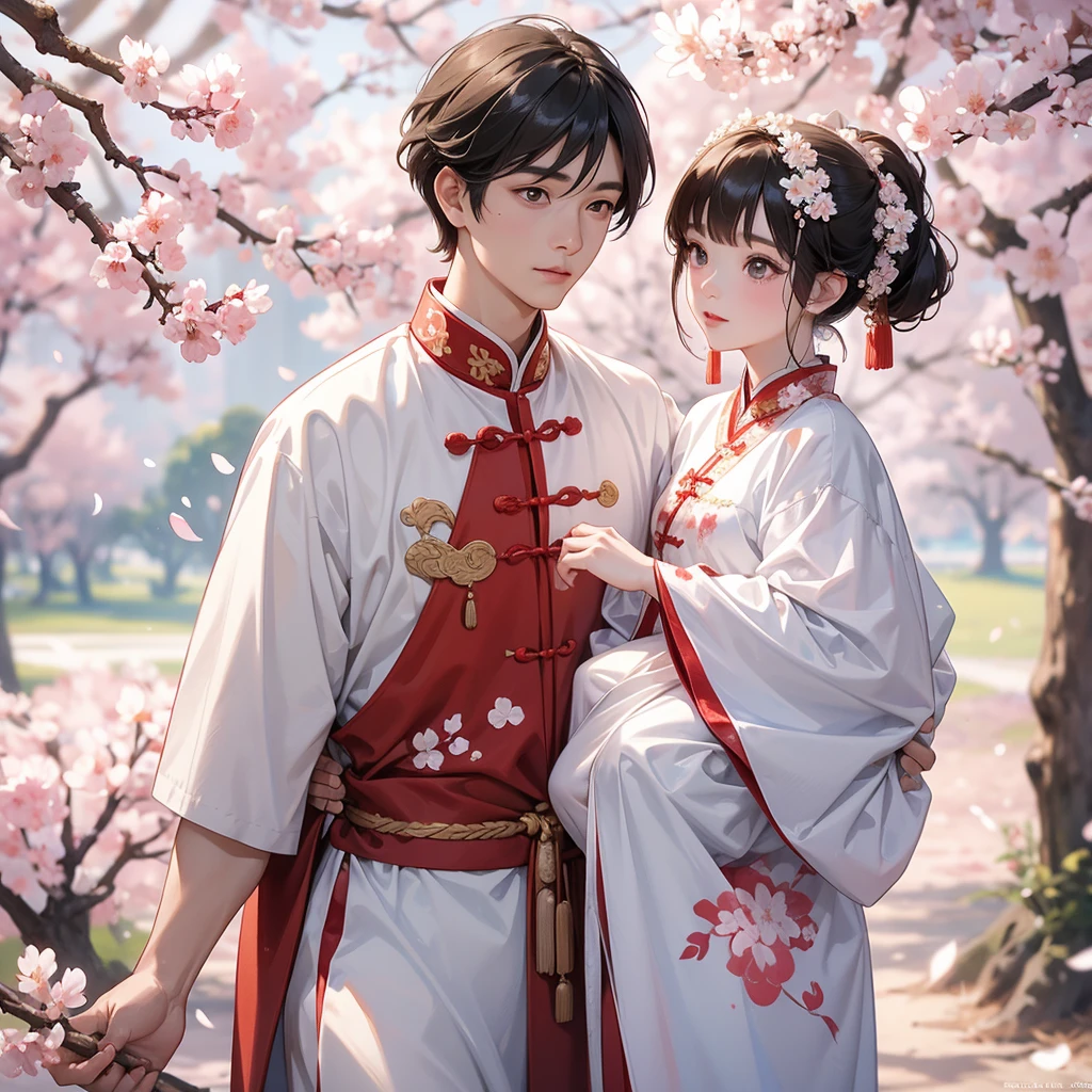 A one-year-old baby boy in an white ancient Chinese baby costume with his beautiful mother, dressed in an ancient Chinese costume, Stroll among the in the middle of cherry blossoms in full bloom, in the middle of cherry blossoms in full bloom, cherry blossoms falling, blowing to the ground, cherry blossoms tered all over the ground, playing with each other, with his handsome father standing next to his mother, close up.
