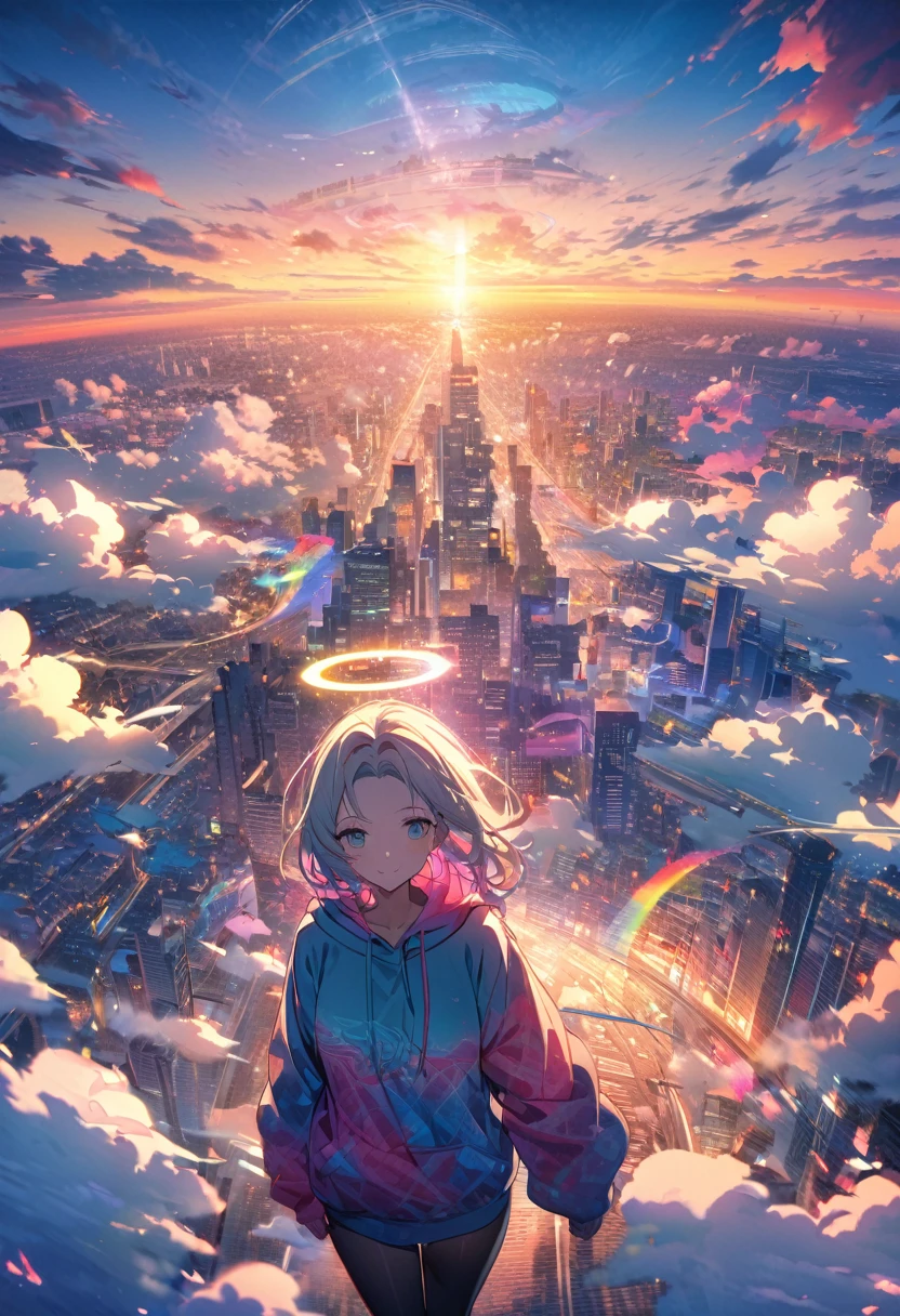 angelic, detailed woman who is walking, woman wearing hoodie, a halo of angels above the woman, highest billding in city, road, sunrise, horizon, skyline, in the sky, city of clouds, colorful, high-res, 8K