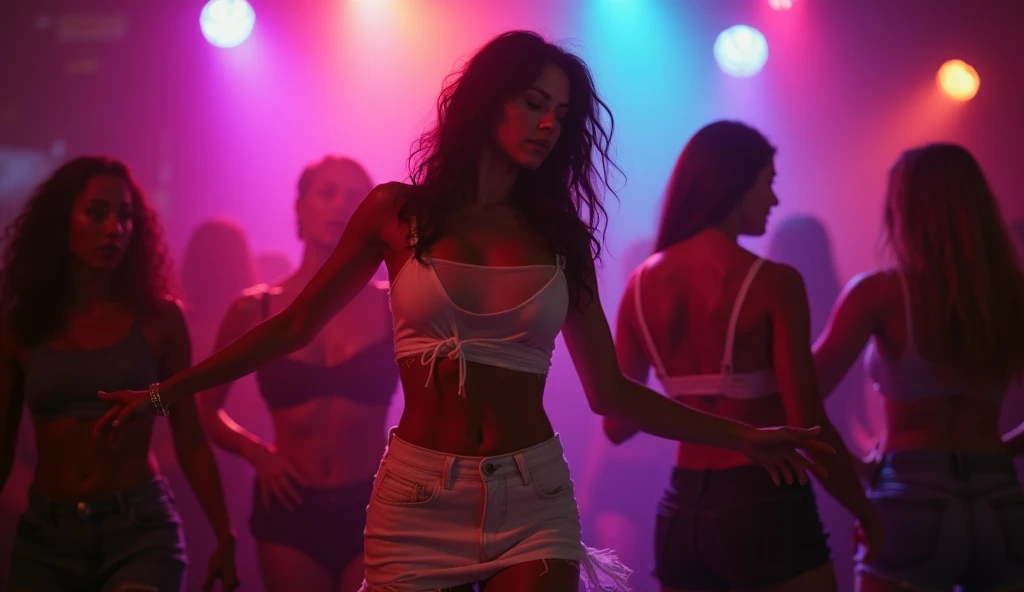 Real photo, best camera, nightclub atmosphere, One beautiful and sexy girl dancing reggaeton full body miniskirt white
