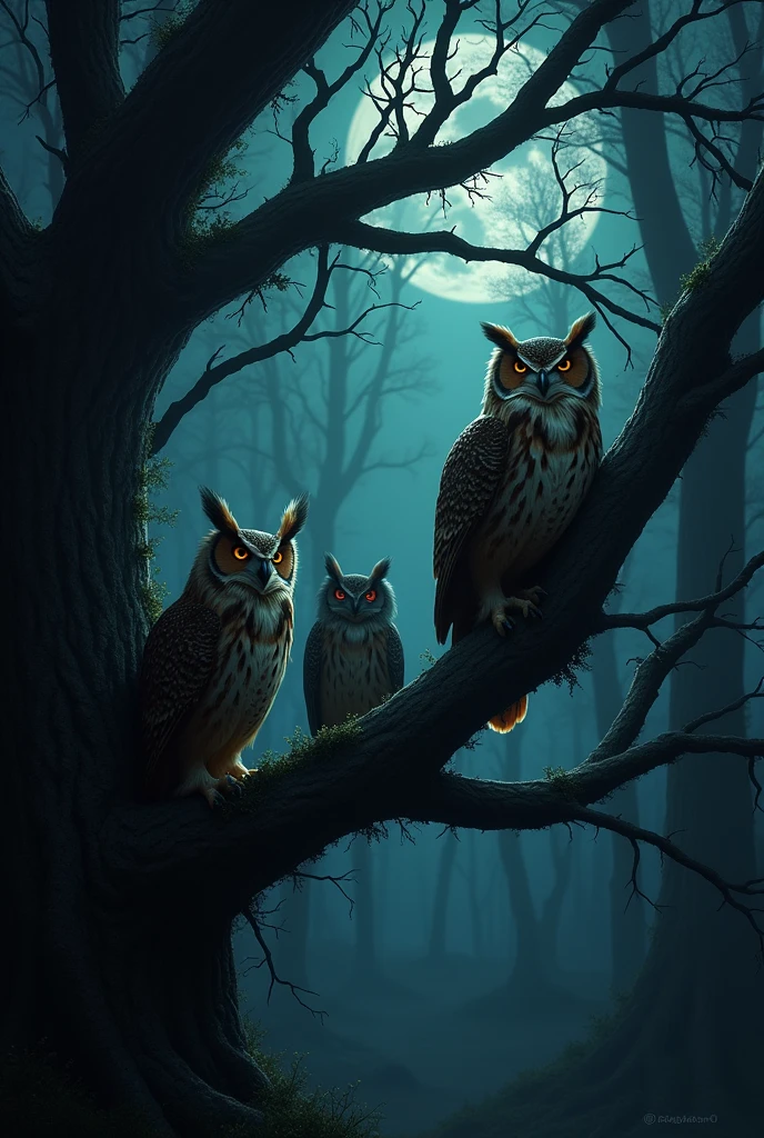 Make me a realistic picture of a dark forest where there are several owls in the trees