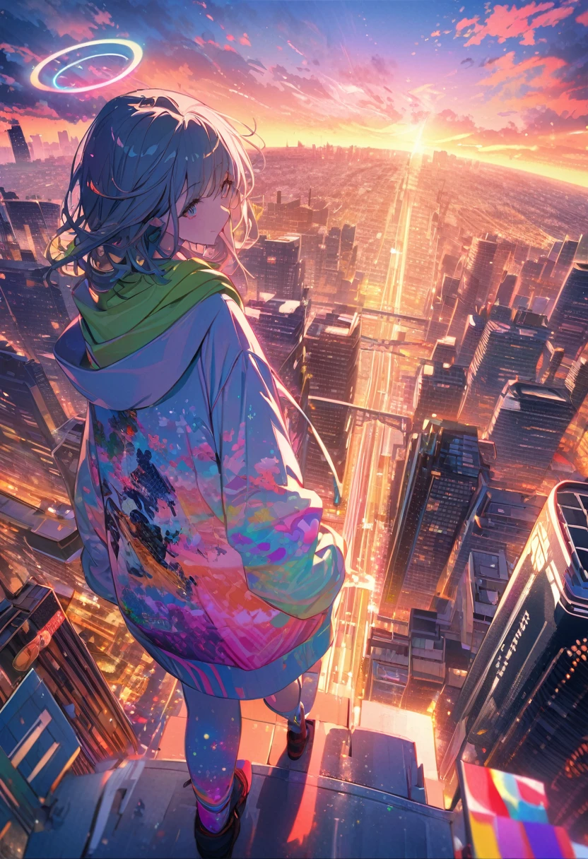 angelic, detailed woman who is walking, woman wearing hoodie, a halo of angels above the woman, highest billding in city, road, sunrise, horizon, skyline, in the sky, city of clouds, colorful, high-res, 8K