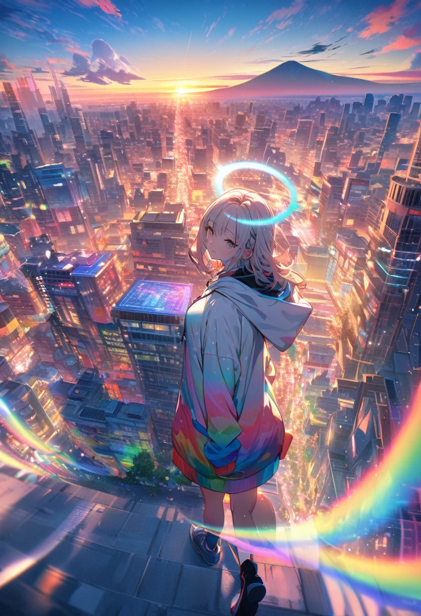 angelic, detailed woman who is walking, woman wearing hoodie, a halo of angels above the woman, highest billding in city, road, sunrise, horizon, skyline, in the sky, city of clouds, colorful, high-res, 8K