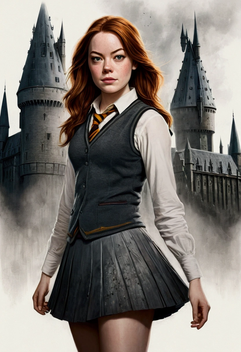 An illustrated movie poster, hand-drawn, full color, a female Hogwarts student, 18 years old, wearing a charcoal vest and a pleated skirt, tall, toned, amazonian stature, athletic hourglass figure, full wide hips, massive round butt, long shapely legs, ridiculously thick powerful thighs, deep dark auburn hair, messy ponytail, flushed sun-kissed complexion, freckles, resembles Emma Stone, standing in front of Hogwarts Castle, surrounded by mist, graphite shading, stencil marks, airbrushed acrylic paint, masterpiece, in the Deathly Hallows