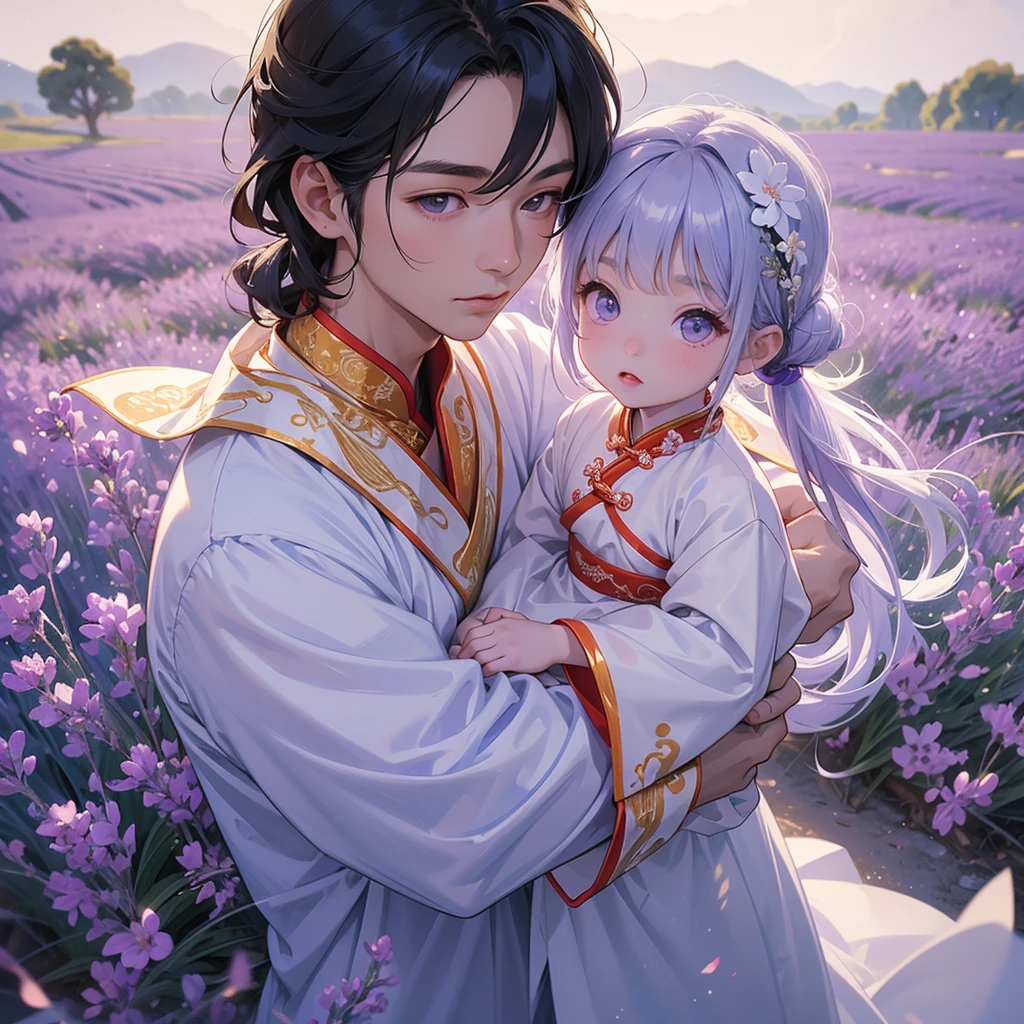 A one-year-old baby boy in an white ancient Chinese baby costume with his beautiful mother, dressed in an ancient Chinese costume, Stroll among the purple lavender fields , There are some floating clouds, playing with each other, with his handsome father standing next to his mother, close up.