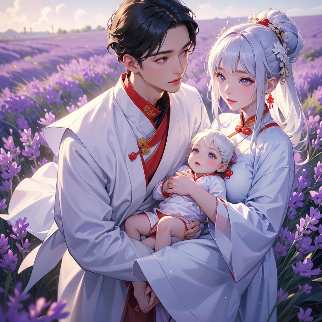 A one-year-old baby boy in an white ancient Chinese baby costume with his beautiful mother, dressed in an ancient Chinese costume, Stroll among the purple lavender fields , There are some floating clouds, playing with each other, with his handsome father standing next to his mother, close up.