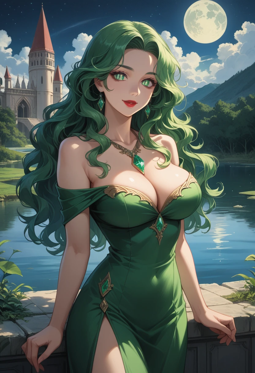 Anime, High-resolution illustrations, unrivaled masterpiece, ultra-realistic 8k CG, perfect artwork, (fidelity: 1.5), ((night)), cloudy, Very beautiful girl, (solo), long wavy hair , silky green hair, sparkling emerald eyes, (slit pupils:1.3), huge, (curvy), seductive pose, seductive body, natural makeup, large breasts:1.2, (Compressed chest:1.5), (tempting body), ((wearing a fantasy style shoulderless thin tight tube dress in black color which compressed her busts, making them bulge out)), necklace, character in the middle, standing, lake near palace, seductive smile, lipstick