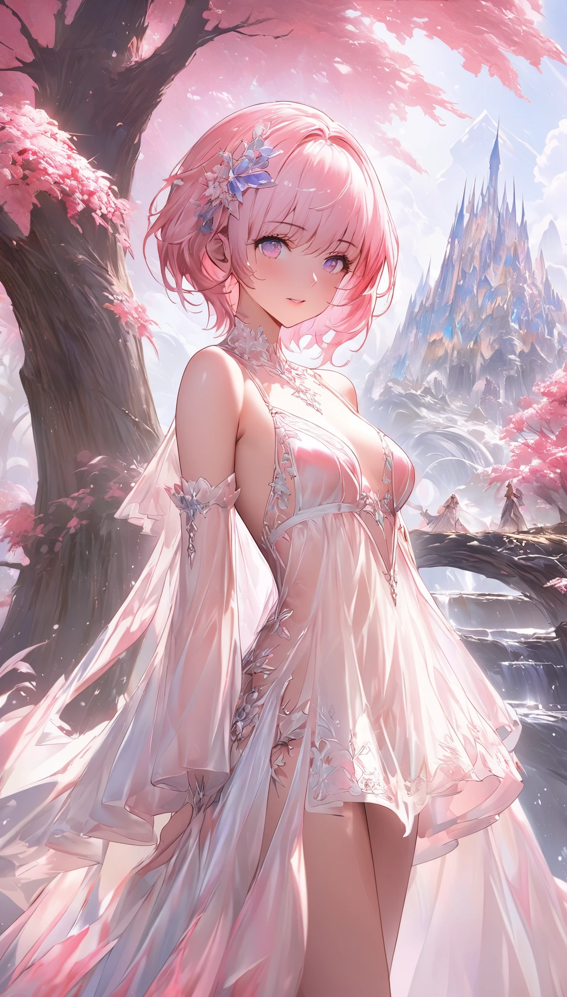 【Core Concepts】The magnificence of a powerful and charming mage in sexy lingerie、High-quality masterpiece。



【Role description】The mage has a delicate and beautiful face，A pair of striking pink and white eyes and a stylish short hair。Their body shape is well proportioned，Long and elegant legs。



[environment/background]The mage stands against a tranquil white background，A fantasy landscape surrounded by a lush pink-themed city，tall trees，sunny。



[Style and atmosphere]This scene exudes a charming atmosphere，With a touch of elegance and whimsy，Reflected《Final Fantasy XIV》Unique style of the universe。



[Composition]The Master is depicted as a full-body standing portrait，Composition highlights their impressive stature，and the intricate details of their gorgeous lace see-through lingerie and sunshine-themed accessories。



[Details and decoration]The mage&#39;s underwear features delicate floral and sun prints，The background is decorated with bright pink、Lush foliage and warm sunshine。



[Technical specifications]This artwork is of the highest quality，Meticulous attention to detail，Realism and fantasy elements blend seamlessly，Created something truly amazing、A visually stunning masterpiece。