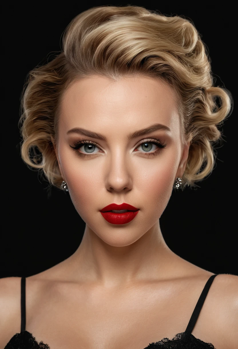 A waist-up portrait of a beautiful female whose face combines features of Ivy Levan + Scarlett Johansson. The female has lovely makeup on her face. The female wears red lipstick. Symmetrical eyes. Symmetrical face. Lovely details. Photorealistic. Full-colored photo. Professional photo. Highly detailed 8K.