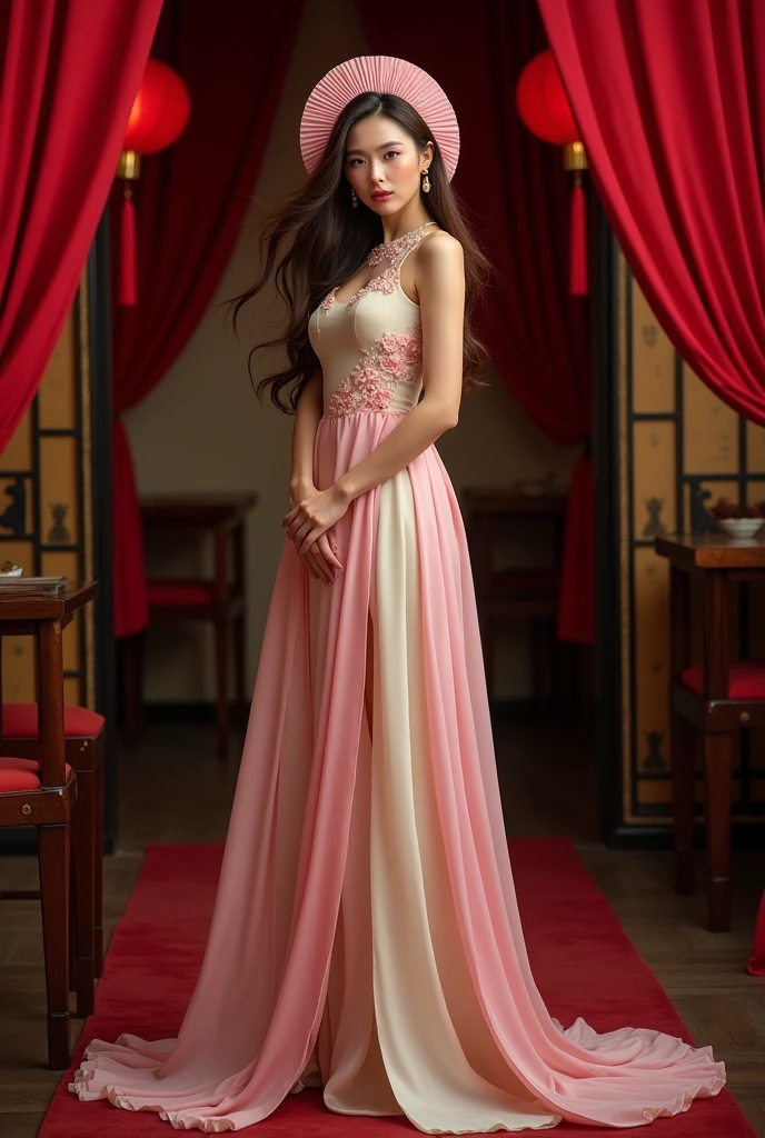 Brown-haired female model wearing a stylized outfit from Vietnamese pho. Luxurious and discreet style. Pink circular silk headdress with folded edges. Pink and beige split ao dai. Dress inside the ao dai past the ankle. Luxurious setting, red curtain interior, wooden tables and chairs, red lanterns, beautiful lighting