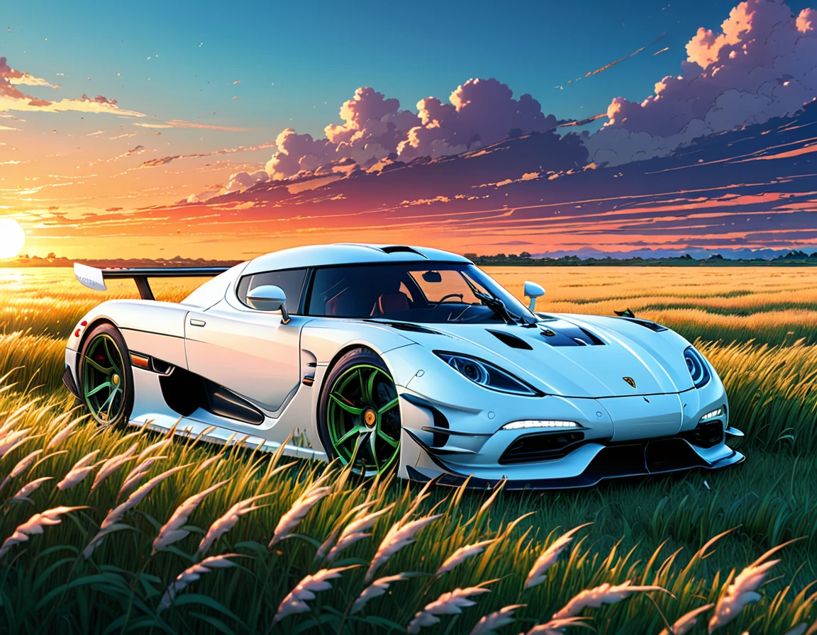 anime landscape of A pearl super Polar white color Koenigsegg jesko absolute sits in a field of tall grass with a sunset in the background.beautiful anime scene, beautiful anime peace scene, Makoto Shinkai Cyril Rolando, beautiful anime scene, amazing wallpaper, anime art wallpaper 8k, anime background, artistic anime background, anime wallpaper 4k, anime art 4k wallpaper, anime wallpaper art 4k.