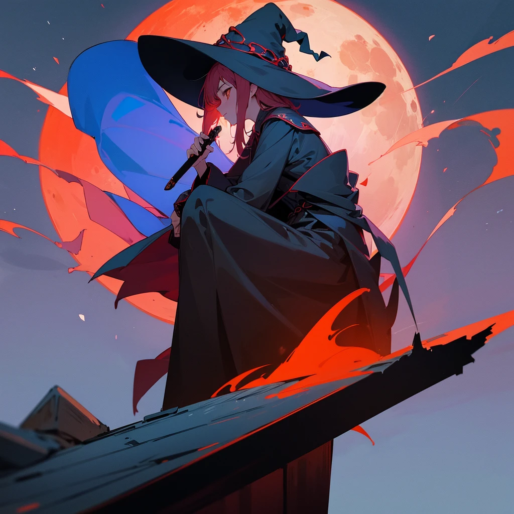 Witch sitting on a rooftop, Dark fantasy, Holding a sword, Witch Hat, Witch Suit, Red moon on background, Side View, Night time