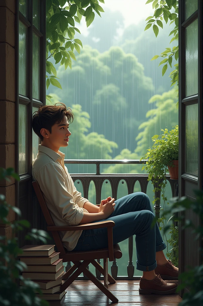 A cute men sitting in the balcony at afternoon and see the rain and he have some books