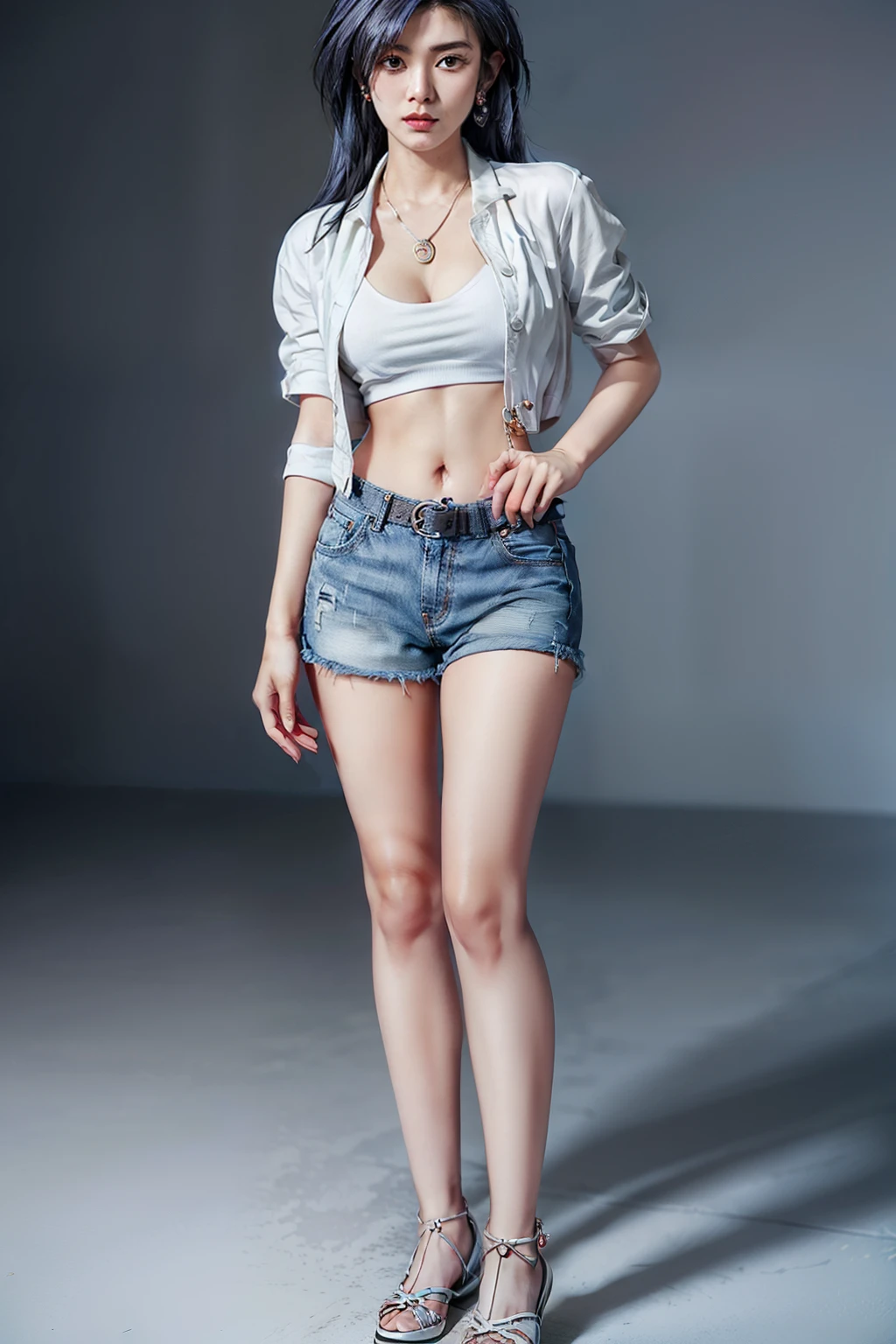 (RAW shooting, Photoreal:1.5, 8k, highest quality, masterpiece, ultra high resolution), perfect dynamic composition:1.2, Highly detailed skin and facial textures:1.2, beautiful and aesthetic:1.2, Fair skin, (large breast:1.4,chest gap:1.4),(perfect limbs:1.2), (perfect fingers:1.2),((standing:2)),(1girl, asian,Mio Serizawa,glamour,earrings,necklace,long dark blue hair,tight white shirt,short sleeves,navel,red jacket,belt,tight denim shorts,knee pads,perfect thigh,sandals),(simple background:1),