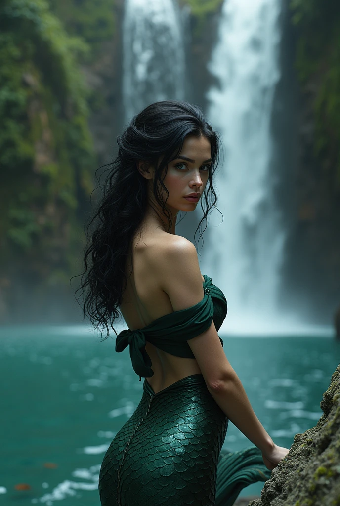 high quality, detailed, careful with the hand, mermaid, mermaid tail, dreamer body, vivid, romantic and whole. Aloof face, intellectual. Sophisticated style, cold heart, impatient and too confident. enchanting, mysterious, Hair, deep black hair. In the waterfall, water.