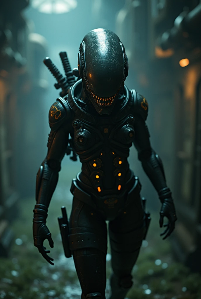 Персонаж Free Fire 'киберпанк', Beautiful, horror background xenomorph movie image "stranger" (1979) in maximum quality and as close to the original film as possible. The xenomorph should be depicted in a dark, gloomy atmosphere, Maybe, In a spaceship. Turn on the details, such as biomechanical elements, slime and shadows, to emphasize the terrifying atmosphere. Use a color palette, characteristic of the film, with a predominance of black, gray and dark blue. Pay attention to textures and lighting, to create a sense of realism and tension.