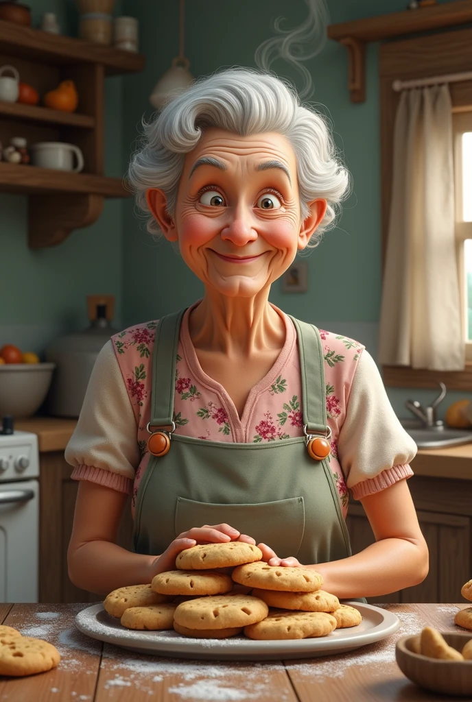Image of a old cookie lady with a cozy house in the background