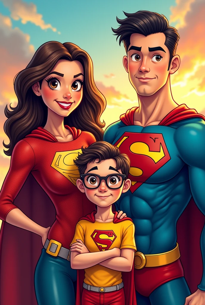 créer une photo de famille comics avec une maman déguiser en super maman brune yeux marron , le papa en super papa cheveux noir en arrière court , une adolescente en super ado brune avec des lunettes carré, une appareil dentaire sur les dents du haut qui prend soin d'elle et une  de 4 ans en super râleuse brun et blond avec des petites lunettes ronde rose 