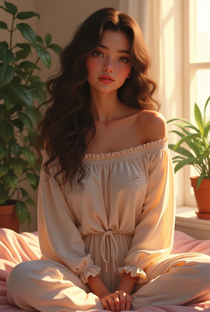 (photorealism:1.2), beautiful girl, sitting on bed, wearing loose off-shoulder top,top name is "Ruhi", pajama pants, long curly hair, indoors, soft lighting, plants in background, window with sunlight, cozy room, relaxed pose, realistic, intricate details, warm colors, by Greg Rutkowski, by RUHI