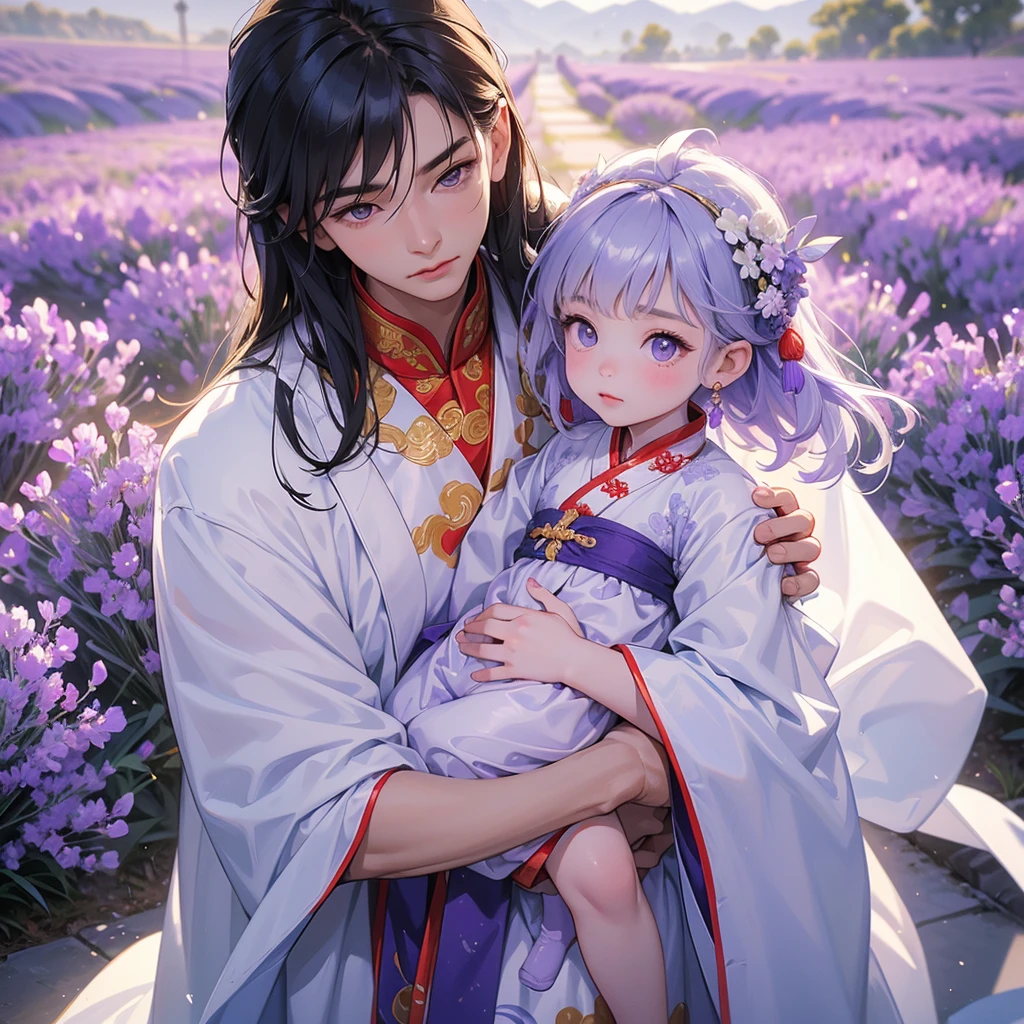 A one-year-old baby boy in an white ancient Chinese baby costume with his beautiful mother, dressed in an ancient Chinese costume, Stroll among the purple lavender fields , There are some floating clouds, playing with each other, with his handsome father standing next to his mother, close up.