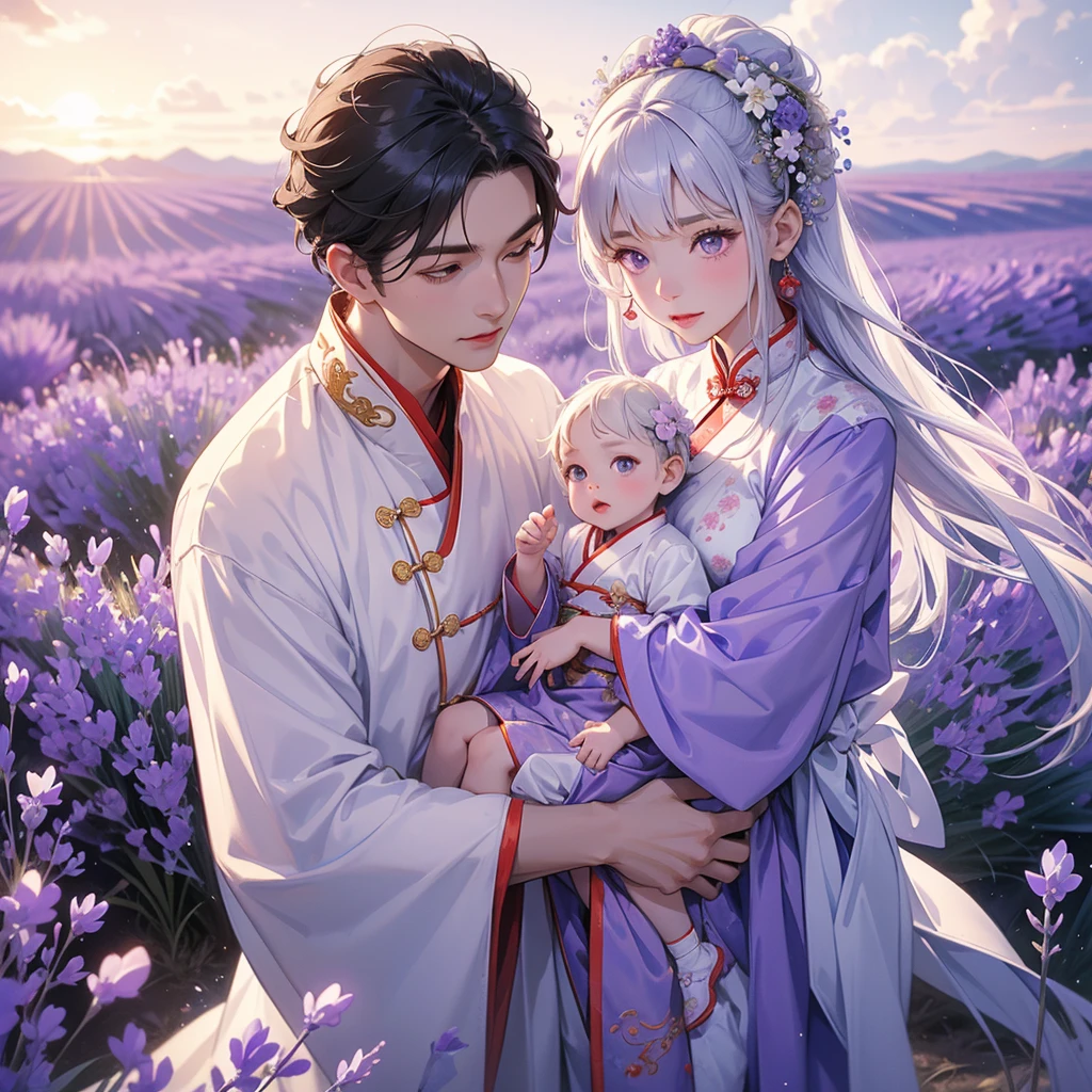 A one-year-old baby boy in an white ancient Chinese baby costume with his beautiful mother, dressed in an ancient Chinese costume, Stroll among the purple lavender fields , There are some floating clouds, playing with each other, with his handsome father standing next to his mother, close up.
