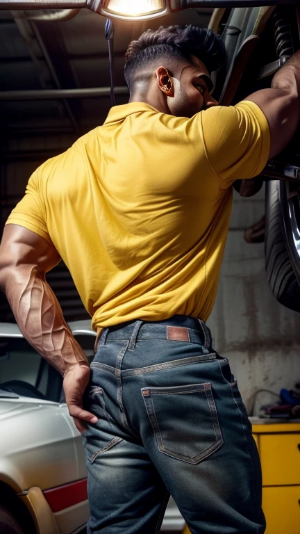 28 years old Vik Reddy car mechanic black grease stains on face and body, from front rear view, car repair in home, bright color, white lights, His perfect( big huge penis) is (coming out) of his pant,masterpieces