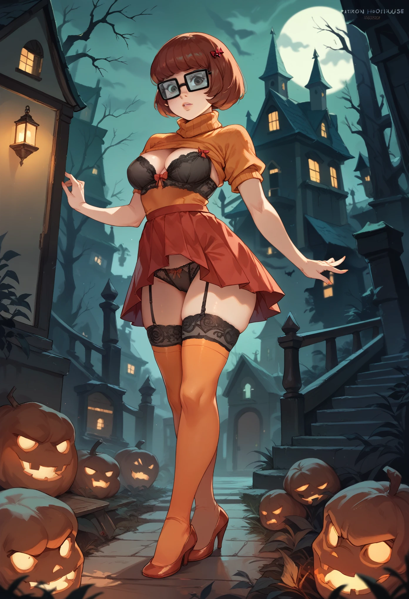 (Velma, lingerie), full body, in a spooky haunted house