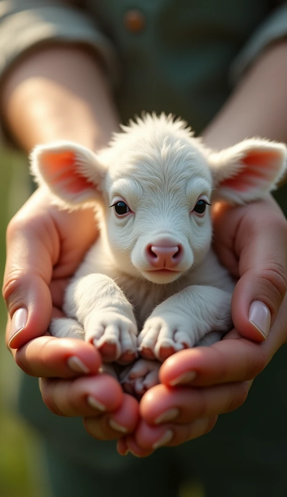 A pair of hands holding a cute white calf