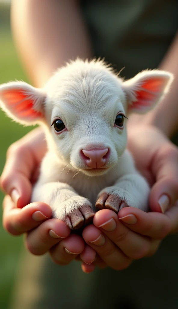 A pair of hands holding a cute white calf
