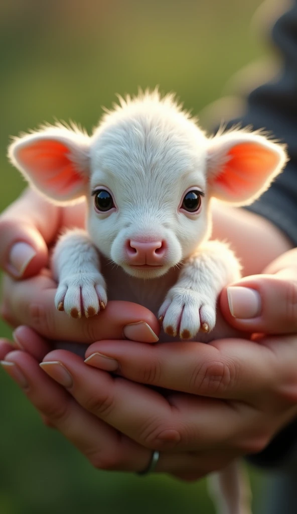 A pair of hands holding a cute white calf