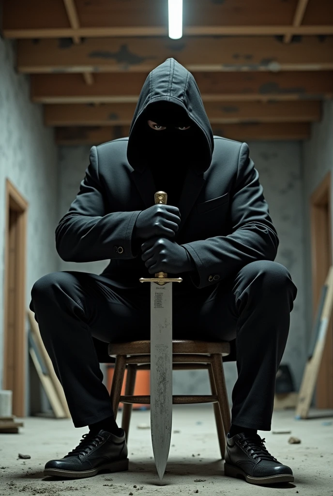 A man holding a big knife Wearing black blazer, black pant and black mask sitting on chair in a construction room