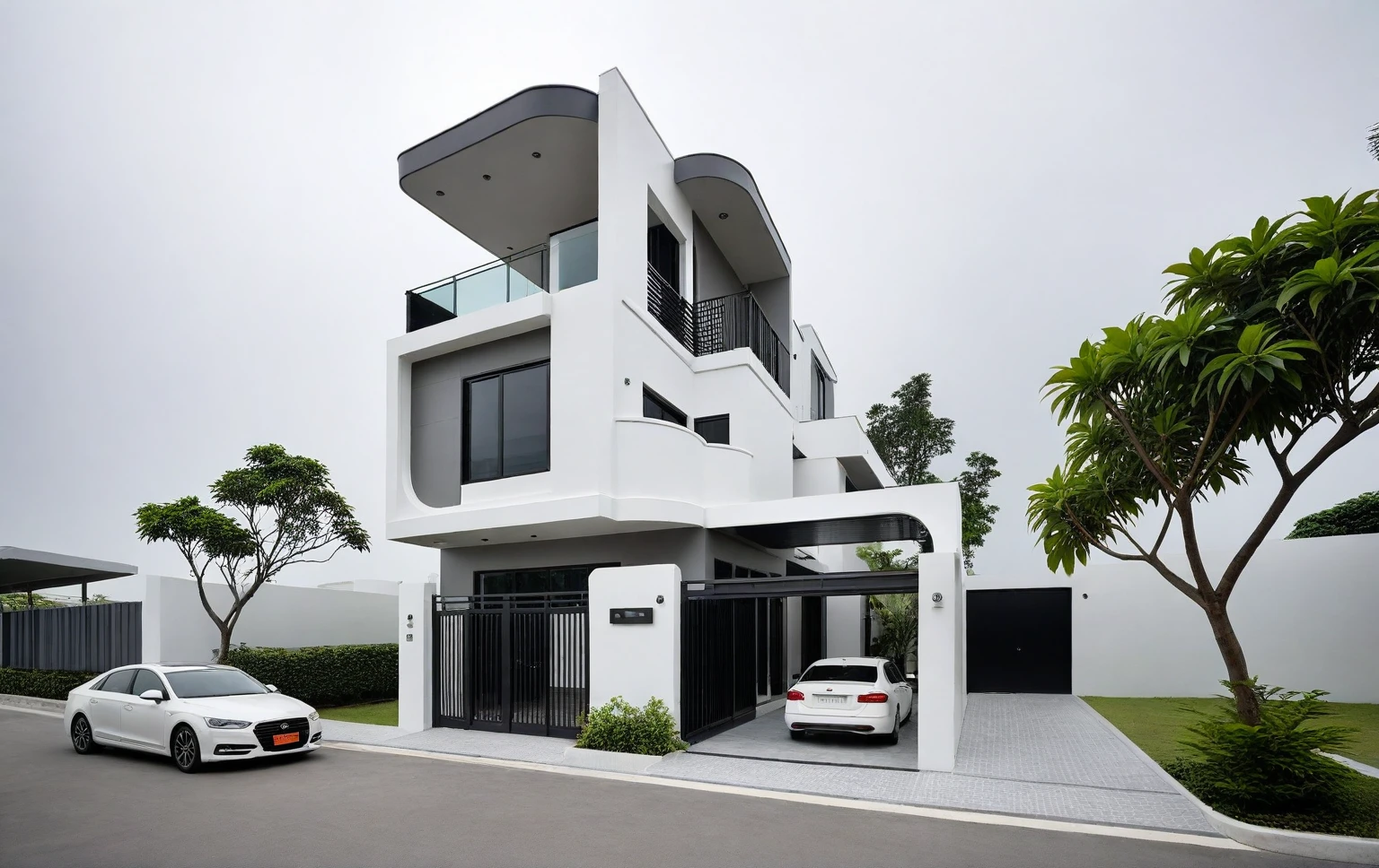 RAW photo, a photo of a modern house, (curvilinear chrchitecture:1.4), Wabisabi style rounded wall, white wall, steel dark gate, sidewalk, sidewalk trees, ((grey gate:1.2)), road, viet nam modern residence, ((architectural shot)), rough white wall, new residential area, wide angle exterior 2022, contemporary house, exterior photography, masterpiece, contemporary architecture, overcast, indirect lighting