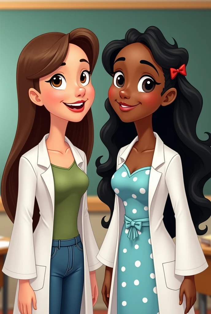 Two elementary school teachers in biology class, the first teacher in a white coat and a moss green shirt with long batwing sleeves, and jeans pants, Her skin is white, her nose is turned up, her lips are pink, her lower lip is medium thick, and her upper lip is small., medium light brown eyes, thick eyebrows and long straight hair and the other teacher skin color neither white nor dark but brown round eyes dark brown, lips shaped like a cupid's bow medium thick, round nose with a pointed tip, dressed in a white coat with a light blue dress with white dots, short and with a sweetheart neckline with a ribbon, the color of her curly, long, dark brown hair with a smile, and say biology , Disney's animated image