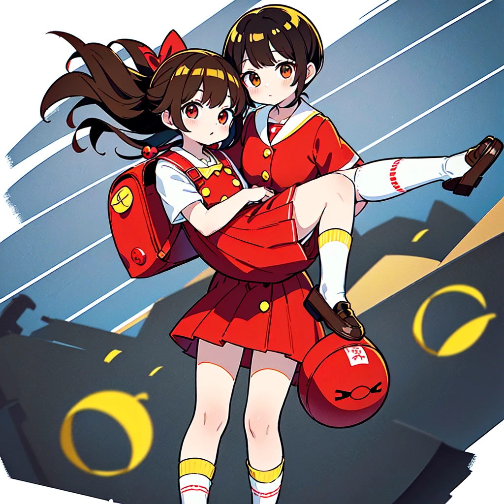 1girl,(((Perfect Anatomy、Highest quality、Masterpiece、Official Art、Super detailed、Dynamic structure、Anime Style)))、Elementary school students、((((Red dress with large yellow buttons around the waist、White Y-shirt、Red on the neck🎀、White knee-high socks、Brown Loafers、Carrying a red backpack:1.8)))、A soprano recorder is visible from the school bag.、Being buffeted by strong winds、Image from above、Strong wind blowing from the viewer's side、Strong wind blowing from the direction of travel, hair blowing back、Yellow simple background、Black Hair、storm、