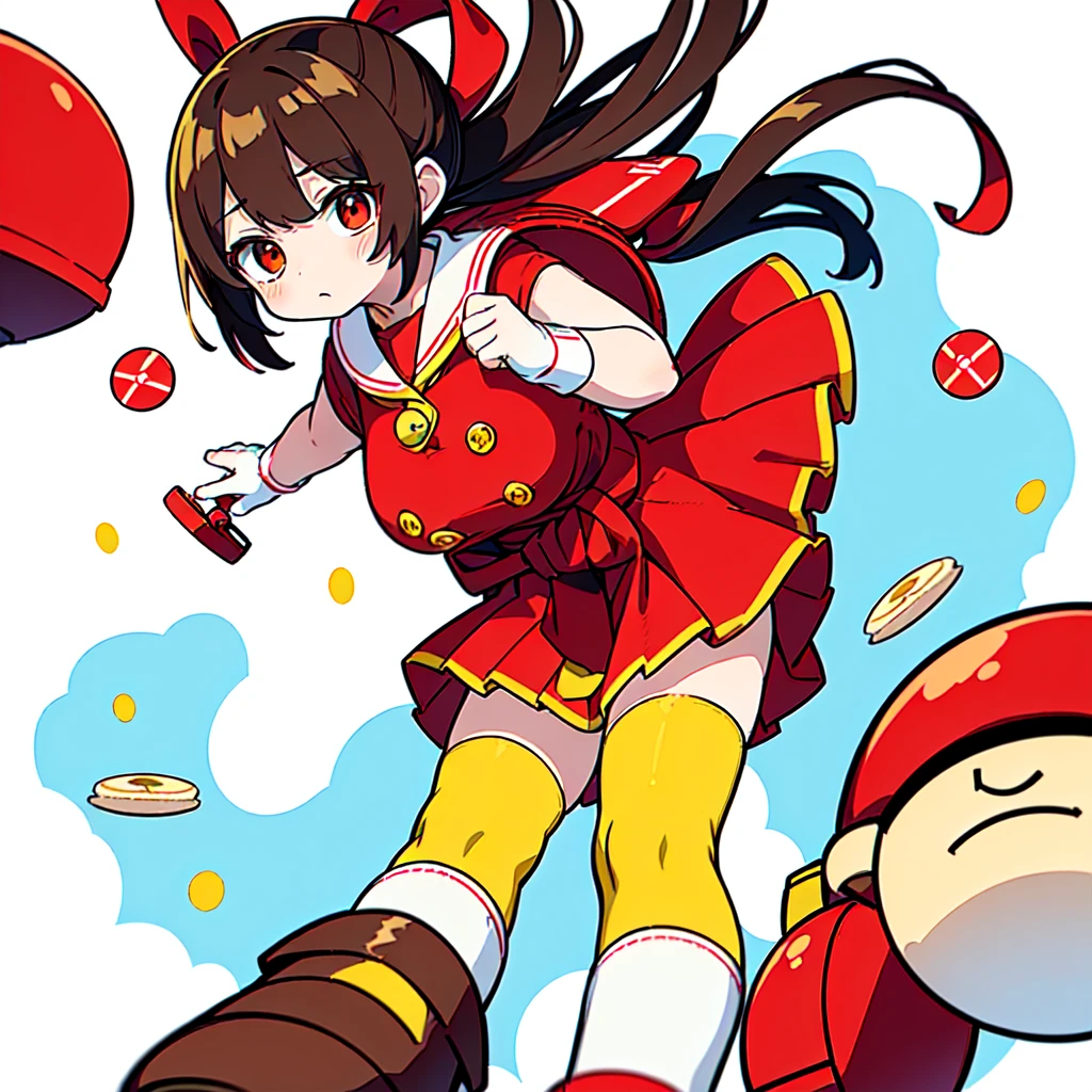 1girl,(((Perfect Anatomy、Highest quality、Masterpiece、Official Art、Super detailed、Dynamic structure、Anime Style)))、Elementary school students、((((Red dress with large yellow buttons around the waist、White Y-shirt、Red on the neck🎀、White knee-high socks、Brown Loafers、Carrying a red backpack:1.8)))、A soprano recorder is visible from the school bag.、Being buffeted by strong winds、Image from above、Strong wind blowing from the viewer's side、Strong wind blowing from the direction of travel, hair blowing back、Yellow simple background、Black Hair、storm、