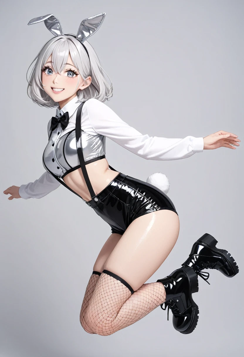 masterpiece, glowing particles, ambient lights, cute, full body detailed, 32K, high details, perfect lighting, perfect anatomy, soft light, BREAK ((shiny silver hair)), bob cut, bang between eyes, beautiful hair), (glossy silver eyes:1.5), (beautiful eyes, twinkle eyes, large eyes, close eyes), BREAK (athlete body, large breasts), cute face, beautiful face, pretty face, beautiful, best quality, good anatomy, long eyelashes, expressive eyes, Perfect Hands, BREAK hud_bunnie, long sleeves, black and white crop top, black shorts, suspenders, black bowtie, fake animal ears, gloves, shiny clothes, fishnets, boots, (in air:1.3), (flying:1.3), arched back, (beautiful jumping form:1.3), fold knees, embarrased, happy, Smile, shoot from side, light pink background