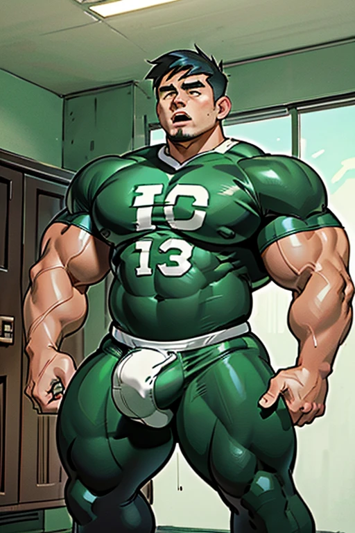 Danny Phantom, ghost, hypnosis, jock, conversion, locker room hallway, shoving a nerd into a locker, hyper muscles, jockstrap, bro, meathead, hypnotized, brainwashed, brainwashing, big dumb jock, football. Danny Fenton is hypnotized by Dash to become another dumb football jock bro. Glowing green eyes. Hyper crotch bulge. Massive bulging crotch. Big balls. Big biceps. Big triceps. Big traps. Broad shoulders. Big meaty pecs. Big thighs. Thick glutes. Football team assimilation. Black hair. Deep dull voice. glazed expression. dumber and dumber. Open mouth. Clothes turning into a football uniform. Forgetting. "I feel like I ... I ... I'm a ... I'm a .... Bro, I feel ... kinda ... uhhh ... stupid...? Like, ... my head gets ... dumber, and ... dumber, and ... dumber..... I'll ... be dumb ... for Coach.... Bigger and bigger ... dumber and dumber.... Huhuhuh.... Yes, Coach. A good dumb jock is big and dumb. A good dumb jock's what I'll become.... Must grow big..... Must grow dumb.... Don't think.... Obey Coach.... Yes, Coach, I must obey.... The Big Dumb Jocks are here to stay.... Protect the QB. Whatever you say.... Dash, ... is my quarterback.... Dash ... is my bro.... Bully nerds.... Give wedgies.... Be a jerk.... Yes, Coach.... Yes, Dash.... I obey...." IQ drain. Dumber and dumber. Meathead. Musclehead. Brute. Brutification. Brainwashing. Brainwashed. Number 13 football jersey.