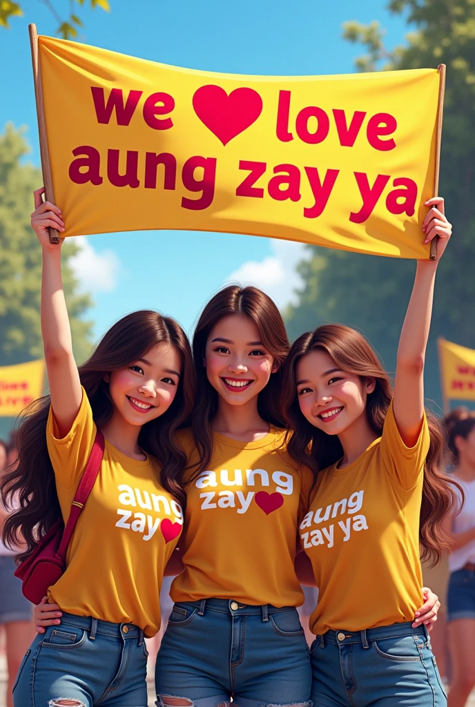 We Love Aung Zay Yaစာတန်းပါသောအလံကိုင်ထားပြီး I Love Aung Zay Yaစာတန်းပါသောအင်္ကျီဝတ်ထားတဲ့မိန်းမပျို၃ယောက်