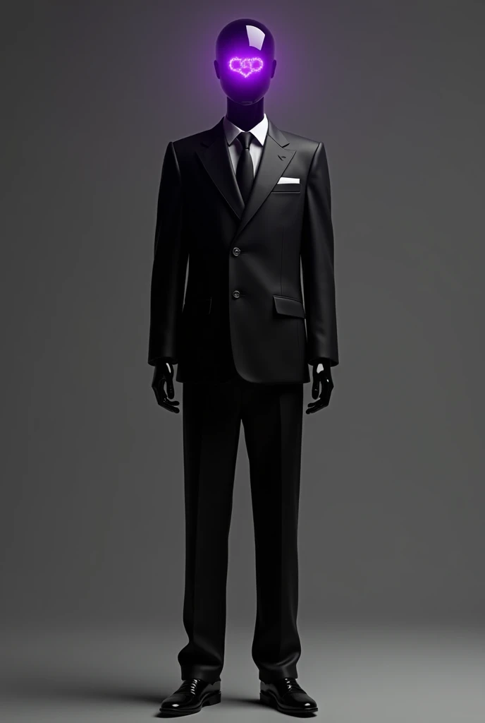 ALL BLACK MANNEQUIN IN A SUIT WITH A PURPLE BADGE OVER THE EYES SEEN FROM THE FULL BODY DOWN TO THE FEET