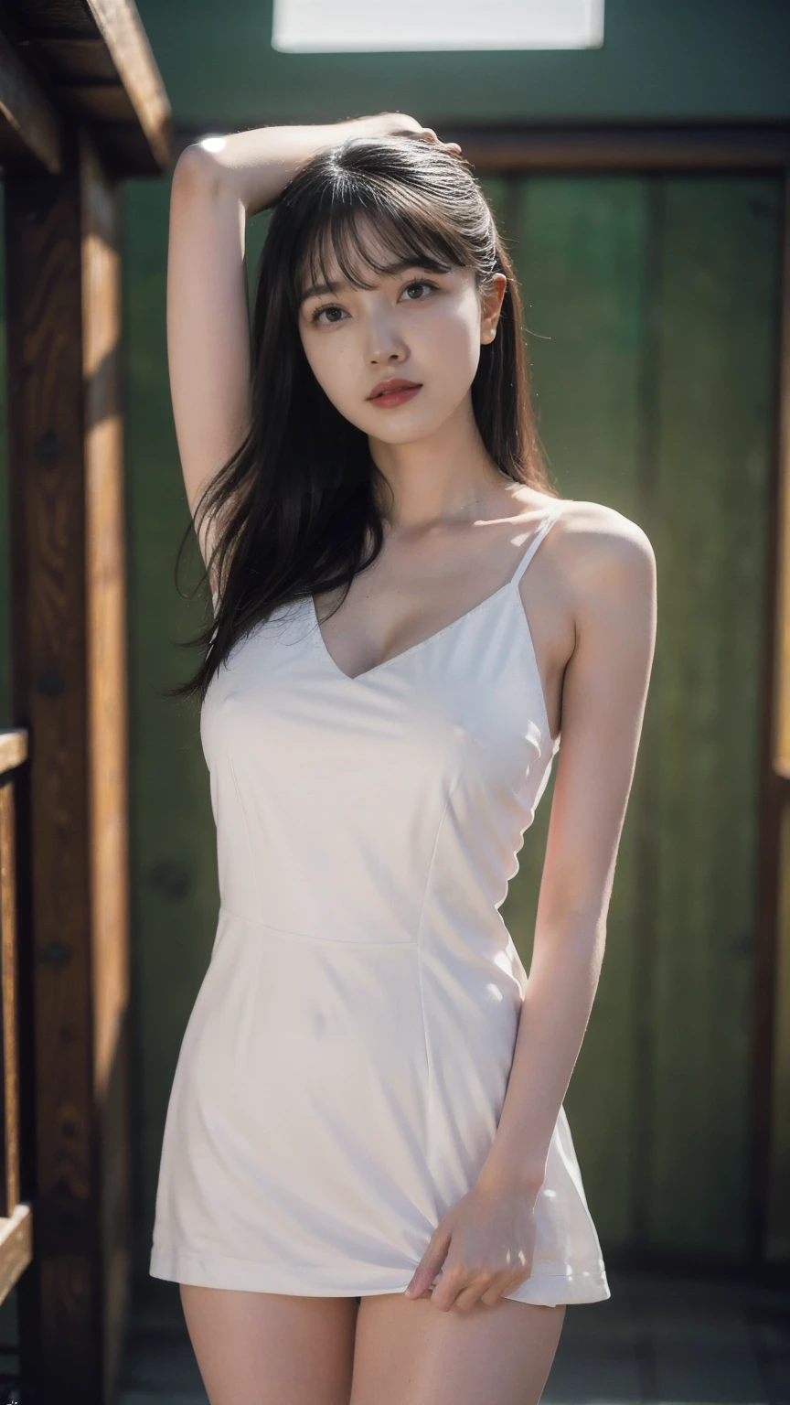 8K quality、High definition、Light Particles 0.5、Natural skin texture、High definitionの瞳、Bitchy girl with up ponytail、slender、Small breasts、Realistic female genitalia、Small areola、Pink nipples、Thin, saggy breasts、Wet body、Open mouth and panting、Mini dress、Open your legs and show your genitals、Naked lower body、Grabbing the hem of her pants to show her crotch
