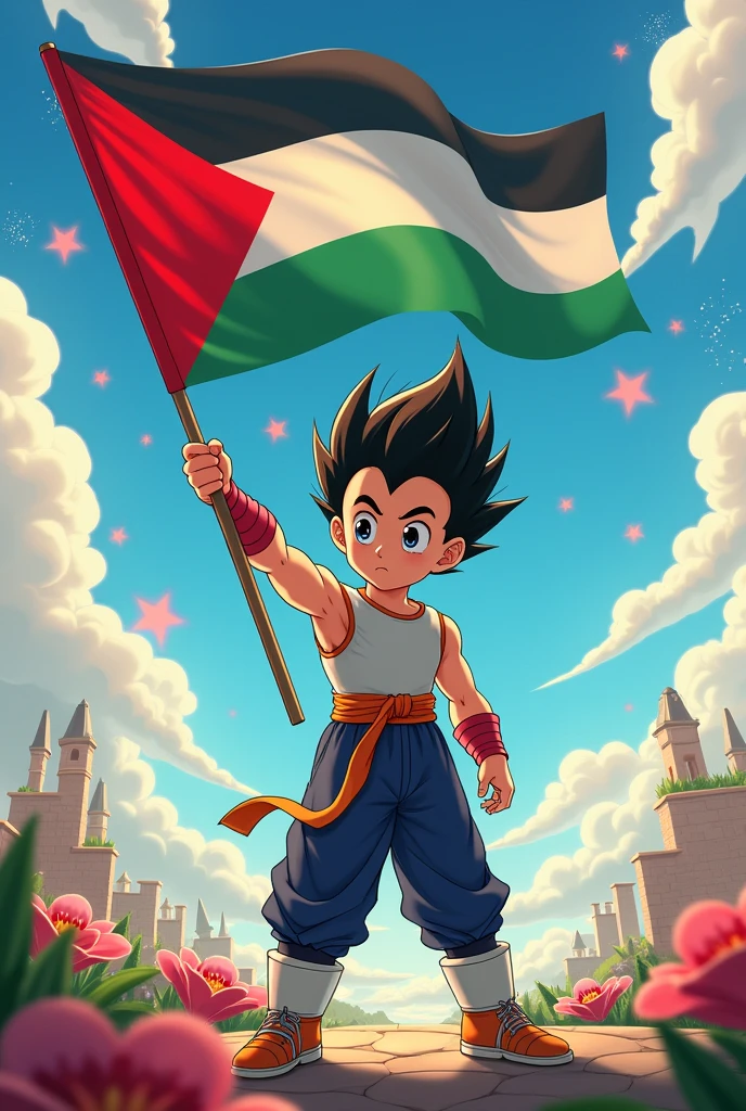 A magical DisneyCreate a high quality image of a boy named Vegeta holding is hand Palestine Flag