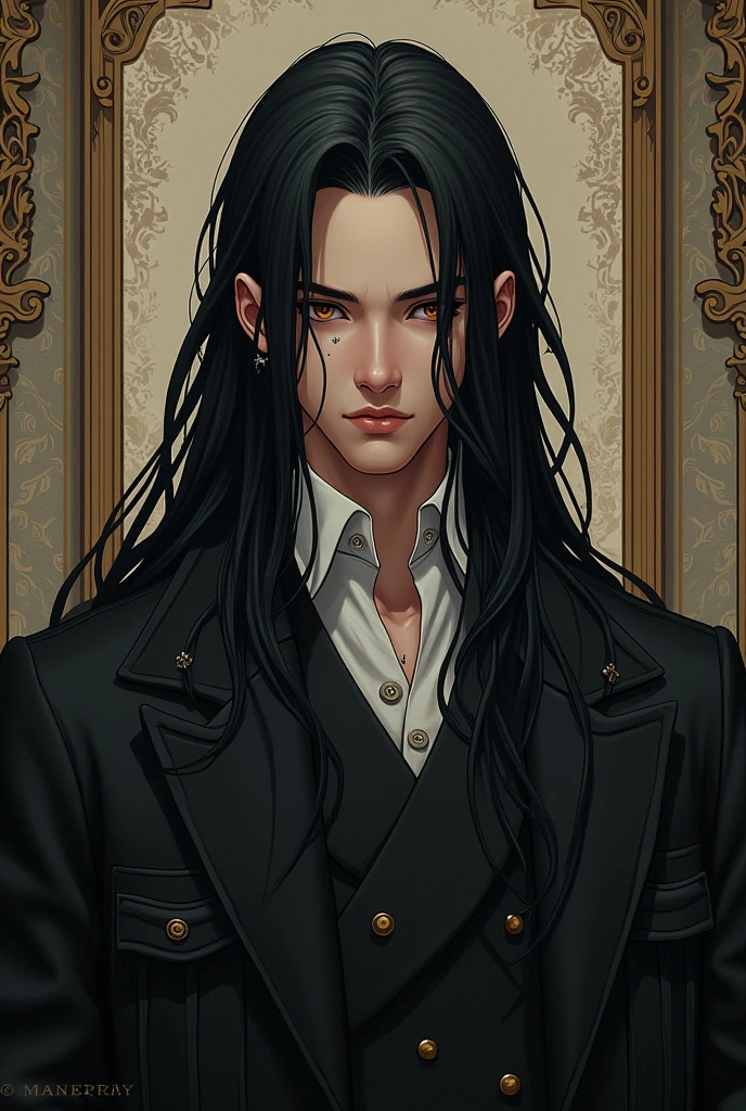(anime style) beautiful man, long black hair, piercings, stoic, dark academia aesthetic, art like Delico's Nursery
