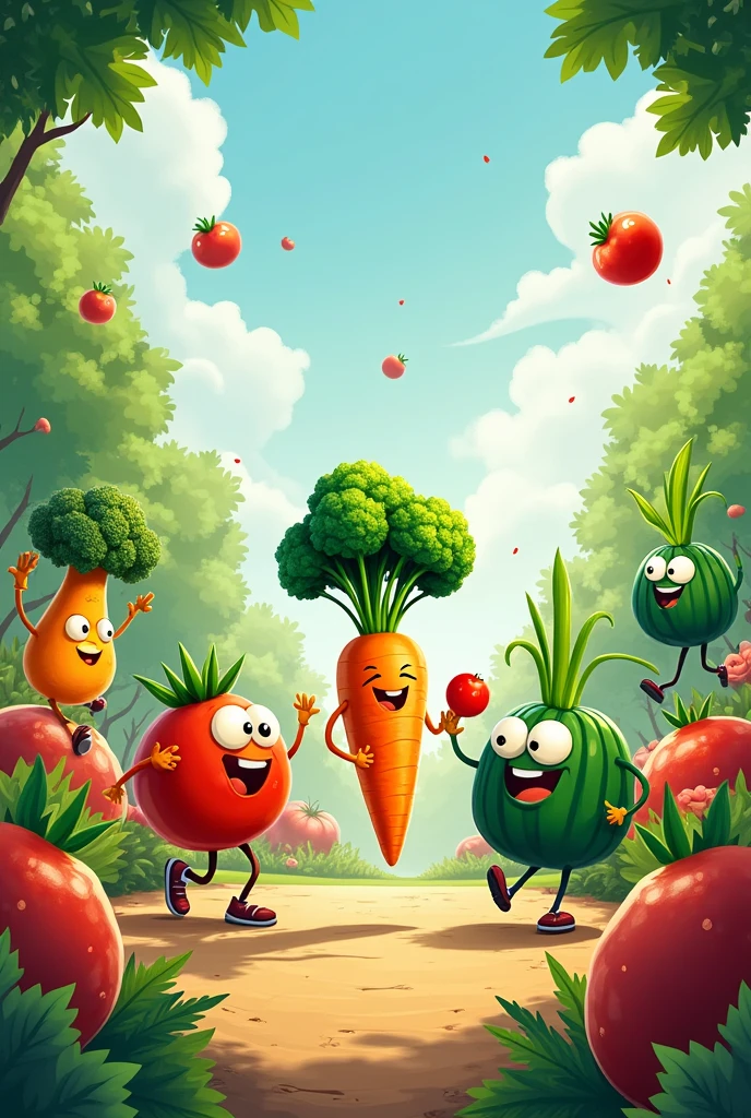 Generate an image for the cover of a book of various vegetables playing