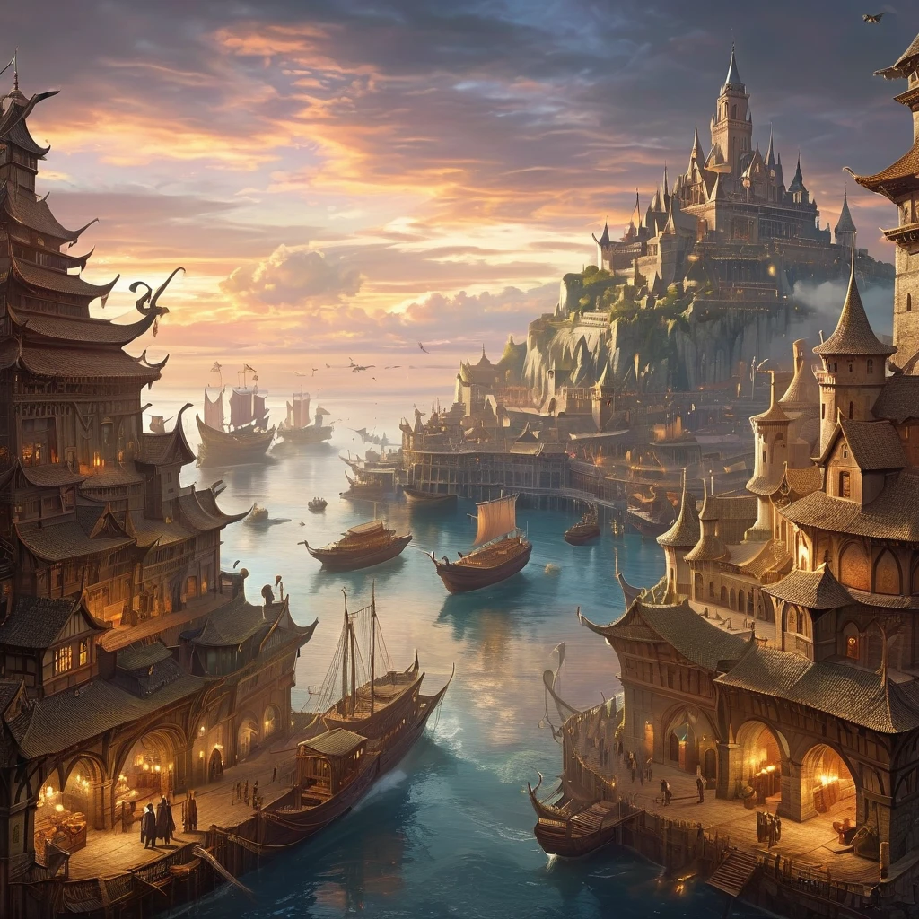 A detailed medieval fantasy scene with atmospheric lighting, depicting a bustling marketplace in a fantasy world. The scene is filled with various fantastical creatures and humans in medieval attire. In the background, towering castle spires and magical floating islands can be seen. The image style is detailed and atmospheric, with a focus on intricate facial features of the characters in the foreground.