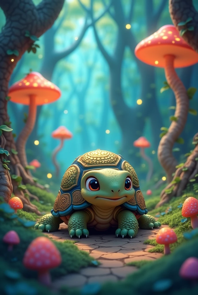 Turtle in an enchanted forest, cartoons